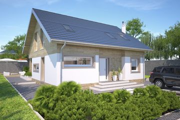 Projekt domu Meribel DCP327 - parterowy z poddaszem dom o powierzchni 132,61 m², dach dwuspadowy, koszt budowy 346 000 zł - ujęcie frontu