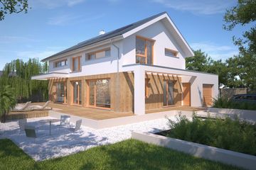 Projekt domu Bergamo DCP343 - parterowy z poddaszem dom o powierzchni 138,43 m², dach dwuspadowy, koszt budowy 368 000 zł - ujęcie frontu