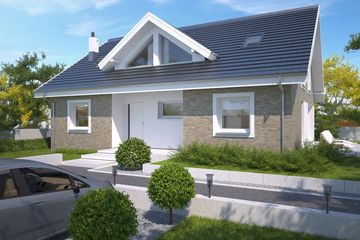 Projekt domu Rodez DCP328 - parterowy z poddaszem dom o powierzchni 162,35 m², dach dwuspadowy, koszt budowy 429 000 zł - ujęcie frontu