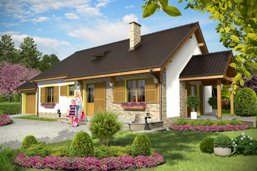 Projekt domu Hirek z garażem 1-st. [A] - parterowy dom o powierzchni 91,30 m², dach dwuspadowy, koszt budowy 313 000 zł - ujęcie frontu