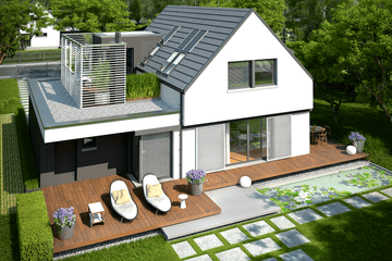 Projekt domu Markus G1 - parterowy z poddaszem dom o powierzchni 142,81 m², dach dwuspadowy, koszt budowy 386 000 zł - ujęcie frontu