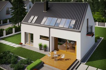 Projekt domu E11 II economic - parterowy z poddaszem dom o powierzchni 99,90 m², dach dwuspadowy, koszt budowy 266 000 zł - ujęcie frontu