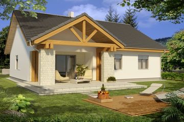 Projekt domu Ambrozja wersja A paliwo stałe - parterowy dom o powierzchni 108,50 m², dach dwuspadowy, koszt budowy 170 290 zł - ujęcie frontu