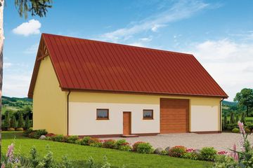 Projekt budynku gospodarczego G240A szkielet drewniany budynek gospodarczy - parterowy dom o powierzchni 167,52 m², dach dwuspadowy, koszt budowy 214 426 zł - ujęcie frontu
