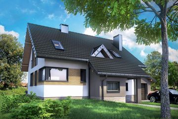 Projekt domu Amelia (1471) - parterowy z poddaszem dom o powierzchni 115,30 m², dach dwuspadowy, koszt budowy 319 000 zł - ujęcie frontu
