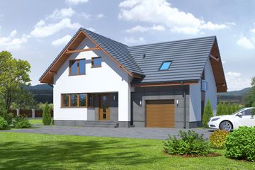 Projekt domu Gładyszów 31k - parterowy z poddaszem dom o powierzchni 120,69 m², dach dwuspadowy, koszt budowy 325 000 zł - ujęcie frontu