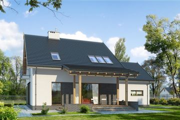 Projekt domu E - 145 - parterowy z poddaszem dom o powierzchni 123,80 m², dach dwuspadowy, koszt budowy 238 000 zł - ujęcie frontu