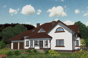 Projekt domu APS 089 + 2G - parterowy z poddaszem dom o powierzchni 206,90 m², dach kopertowy, koszt budowy 552 000 zł - ujęcie frontu