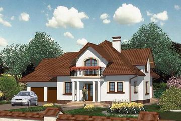 Projekt domu APS 105 + 2G - parterowy z poddaszem dom o powierzchni 167,70 m², dach kopertowy, koszt budowy 460 000 zł - ujęcie frontu