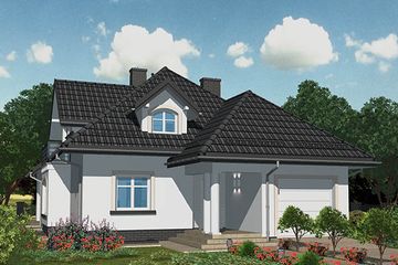 Projekt domu APS 045 + P - parterowy z poddaszem dom o powierzchni 176,10 m², dach kopertowy, koszt budowy 477 000 zł - ujęcie frontu
