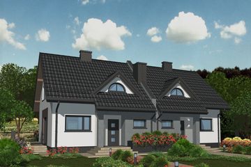 Projekt domu APS 137 - parterowy z poddaszem dom o powierzchni 98,70 m², dach dwuspadowy - ujęcie frontu