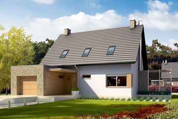 Projekt domu Tobiasz G1 energo - parterowy z poddaszem dom o powierzchni 116,50 m², dach dwuspadowy, koszt budowy 316 000 zł - ujęcie frontu
