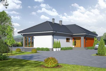 Projekt domu Amodowo średnie - parterowy dom o powierzchni 122,56 m², dach kopertowy, koszt budowy 345 000 zł - ujęcie frontu