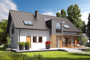 Projekt domu E6 G1 (wersja A) economic - parterowy z poddaszem dom o powierzchni 149,07 m², dach dwuspadowy - ujęcie 2