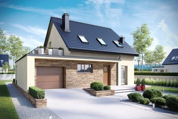 Projekt domu E14 III G1 Economic - parterowy z poddaszem dom o powierzchni 104,31 m², dach dwuspadowy, koszt budowy 289 216 zł - ujęcie frontu