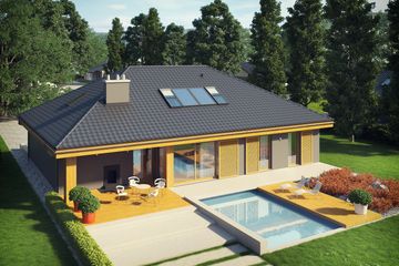 Projekt domu Gabriel G1 multi-comfort - parterowy dom o powierzchni 123,24 m², dach kopertowy, koszt budowy 417 000 zł - ujęcie frontu