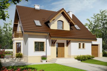 Projekt domu Mati III G1 Mocca - parterowy z poddaszem dom o powierzchni 127,51 m², dach dwuspadowy, koszt budowy 349 000 zł - ujęcie frontu