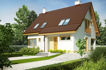 Projekt domu Tim III Mocca - parterowy z poddaszem dom o powierzchni 103,83 m², dach dwuspadowy, koszt budowy 275 000 zł - ujęcie frontu