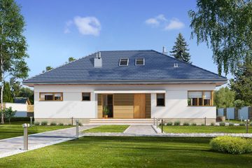 Projekt domu E-154 - parterowy dom o powierzchni 115,10 m², dach wielospadowy, koszt budowy 259 000 zł - ujęcie frontu