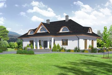Projekt domu Chmielniki 22 - parterowy z poddaszem dom o powierzchni 236,47 m², dach kopertowy, koszt budowy 623 000 zł - ujęcie frontu