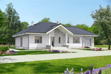 Projekt domu Catania LMB113 - parterowy dom o powierzchni 129,40 m², dach wielospadowy, koszt budowy 383 000 zł - ujęcie frontu