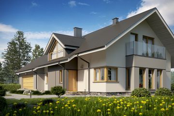 Projekt domu D34A - parterowy z poddaszem dom o powierzchni 134,86 m², dach dwuspadowy, koszt budowy 381 000 zł - ujęcie frontu