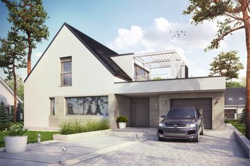 Projekt domu Neo G1 energo plus - parterowy z poddaszem dom o powierzchni 176,50 m², dach dwuspadowy, koszt budowy 480 000 zł - ujęcie frontu