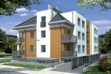 Projekt budynku wielorodzinnego Domy Szczęśliwe 1 wersja A - z pełnym piętrem i poddaszem dom o powierzchni 873 m², dach kopertowy - ujęcie 3