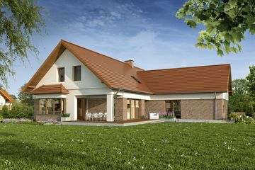 Projekt domu TK175 - parterowy z poddaszem dom o powierzchni 288,32 m², dach dwuspadowy, koszt budowy 751 000 zł - ujęcie frontu