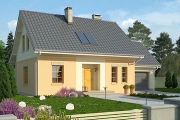 Projekt domu Madras - parterowy z poddaszem dom o powierzchni 116,20 m², dach dwuspadowy, koszt budowy 312 000 zł - ujęcie frontu