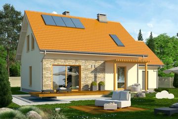 Projekt domu Gradient - parterowy z poddaszem dom o powierzchni 116,20 m², dach dwuspadowy, koszt budowy 159 077 zł - ujęcie frontu
