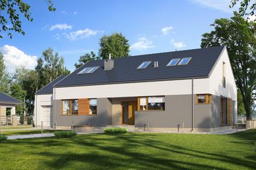 Projekt domu E-169 - parterowy dom o powierzchni 122,60 m², dach dwuspadowy, koszt budowy 411 000 zł - ujęcie frontu