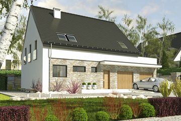 Projekt domu Bernikla z garażem 2-st. [A1] - parterowy z poddaszem dom o powierzchni 146,80 m², dach dwuspadowy, koszt budowy 508 788 zł - ujęcie frontu