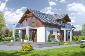 Projekt domu Działoszyce 3 - parterowy z poddaszem dom o powierzchni 111,50 m², dach dwuspadowy, koszt budowy 288 000 zł - ujęcie frontu