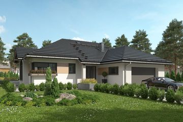 Projekt domu Hermina (1495) - parterowy dom o powierzchni 128,10 m², dach kopertowy, koszt budowy 398 000 zł - ujęcie frontu