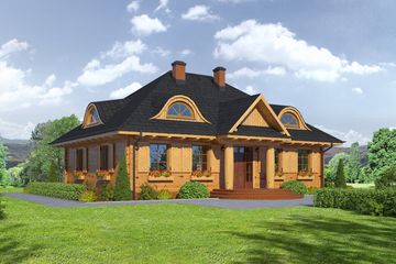 Projekt domu Chmielowice dw - parterowy z poddaszem dom o powierzchni 234,74 m², dach kopertowy - ujęcie frontu