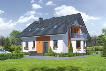 Projekt domu Sadowo - parterowy z poddaszem dom o powierzchni 136,79 m², dach dwuspadowy, koszt budowy 354 000 zł - ujęcie frontu