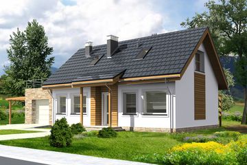 Projekt domu Leon II DCP231a - parterowy z poddaszem dom o powierzchni 103,78 m², dach dwuspadowy, koszt budowy 234 000 zł - ujęcie frontu