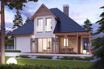 Projekt domu Tilda G1 - parterowy z poddaszem dom o powierzchni 154 m², dach kopertowy, koszt budowy 413 000 zł - ujęcie frontu