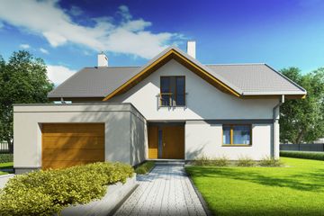 Projekt domu Wiliam IV - parterowy z poddaszem dom o powierzchni 142,60 m², dach dwuspadowy, koszt budowy 380 000 zł - ujęcie frontu