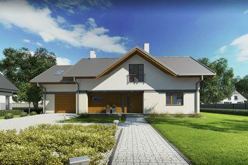 Projekt domu Wiliam VII - parterowy z poddaszem dom o powierzchni 159,60 m², dach dwuspadowy, koszt budowy 421 000 zł - ujęcie frontu