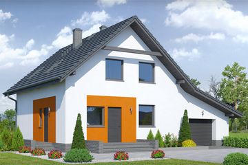 Projekt domu Grochowo Nowe 3g - parterowy z poddaszem dom o powierzchni 104,18 m², dach dwuspadowy, koszt budowy 285 000 zł - ujęcie frontu