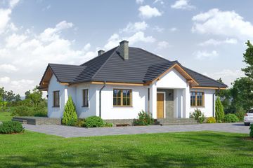 Projekt domu Dębina m9 - parterowy dom o powierzchni 110,81 m², dach kopertowy, koszt budowy 335 000 zł - ujęcie frontu