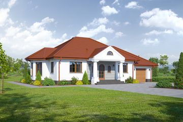 Projekt domu Zadębie małe 33x - parterowy dom o powierzchni 104,41 m², dach kopertowy, koszt budowy 312 000 zł - ujęcie frontu