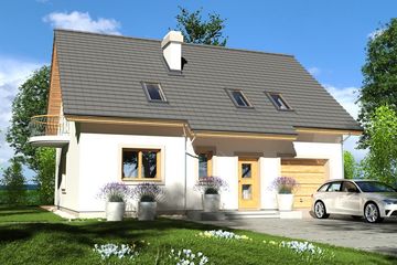 Projekt domu Ewa Gold 1A - parterowy z poddaszem dom o powierzchni 118 m², dach dwuspadowy, koszt budowy 318 000 zł - ujęcie frontu