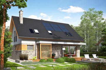Projekt domu Logan energo - parterowy z poddaszem dom o powierzchni 139,91 m², dach dwuspadowy, koszt budowy 362 000 zł - ujęcie frontu