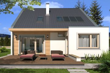 Projekt domu Vivien A - parterowy z poddaszem dom o powierzchni 125,30 m², dach dwuspadowy, koszt budowy 337 000 zł - ujęcie frontu