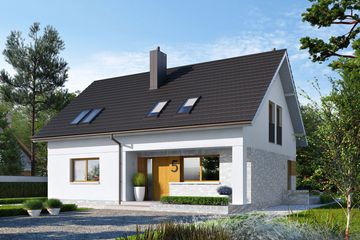 Projekt domu Logan II energo - parterowy z poddaszem dom o powierzchni 139,99 m², dach dwuspadowy, koszt budowy 362 000 zł - ujęcie frontu
