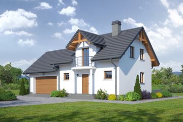 Projekt domu Gródek 55 - parterowy z poddaszem dom o powierzchni 82,76 m², dach dwuspadowy, koszt budowy 234 000 zł - ujęcie frontu