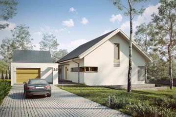 Projekt domu eko Typowy 14 - parterowy z poddaszem dom o powierzchni 118,44 m², dach dwuspadowy, koszt budowy 340 000 zł - ujęcie frontu